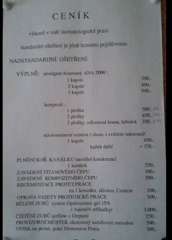 Ceník zubní ordinace MUDr. Heleny Šprinclové